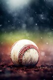 Fototapeta Sport - A baseball awaits the bat's impact on a field. Baseball in close-up from a timeless sports narrative. Baseball sewn in familiar pattern.