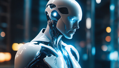 Wall Mural - side view of an ai robot displaying tech sophistication; ideal for tech-themed web designs.