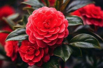 Wall Mural - Beautiful red camellia flower with water drops on petals. Camellia Flower. Mother's day concept with a space for a text. Valentine day concept with a copy space.