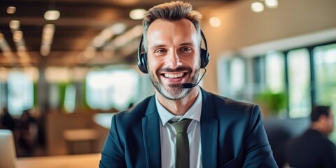 A professional man dressed in an elegant suit working as a call center manager