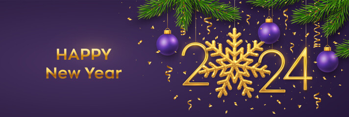 Wall Mural - Happy New 2024 Year. Hanging Golden metallic numbers 2024 with snowflake, balls, pine branches and confetti on purple background. New Year greeting card or banner template. Holiday decoration. Vector.