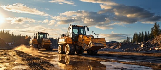 Construction zone with powerful equipment Drills bulldozer and excavator in action