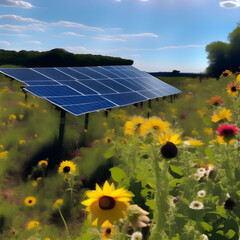 A solar panel array in a field of flowers