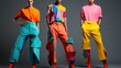 Three models wearing colorful pants and shirts, AI