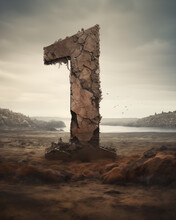 An Imaginative Depiction Of A Crumbling Stone Number "1" Standing Tall Amidst A Vast Landscape With Tumultuous Clouds. Generative AI.