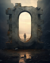 A Lone Figure Stands Framed By A Monumental Portal Amidst A Moody, Misty Landscape, Masterfully Created Via Generative AI.