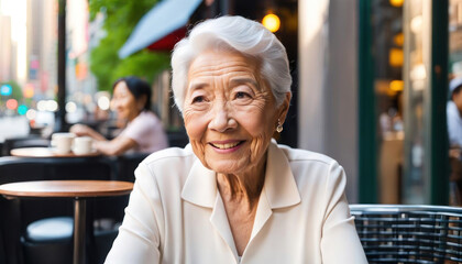 Wall Mural - Elderly relaxed lady in outdoor cafe with copy space