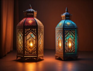 An ornamental Arabic lantern with colorful glass glowing on a glowing dark background, a greeting for Ramadan and Eid.