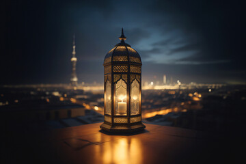 An ornamental Arabic lantern with colorful glass glowing. The blurred city showing in the background. A greeting for Ramadan and Eid.