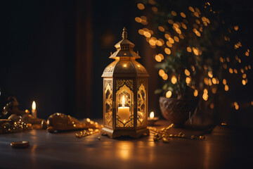 An ornamental Arabic lantern with colorful glass glowing. The blurred city showing in the background. A greeting for Ramadan and Eid.