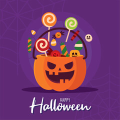 Sticker - Happy halloween poster candies pumpkin basket Vector