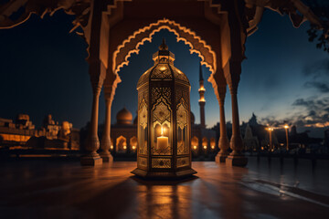 An ornamental Arabic lantern with colorful glass glowing. The blurred city showing in the background. A greeting for Ramadan and Eid.