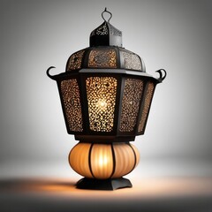 An ornamental Arabic lantern with colorful light glowing in the street in the evening.