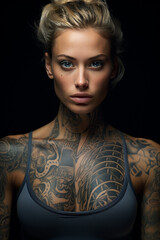 Wall Mural - Tattoo on a woman's body, skin. Tattoo on a woman's body, skin. Tatu as a separate art form, unique design, authentic contours, bold look, confident character, free Makeup, artistic drawing.