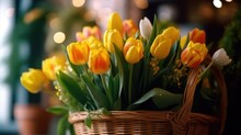Bouquet Of Yellow And Orange Tulips In A Wicker Basket