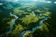 View of the green forest and river from a bird's-eye view. Aerial shot. Fog in a warm forest. An incredible landscape of the green season in the wild