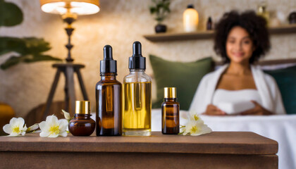 bottles on the background of the spa room skin care serum or natural cosmetics with essential oil face and body beauty concept spa concept place for text