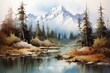 Scenic artwork of lofty peaks and a serene lake. Watercolor painting embraces white borders. Generative AI