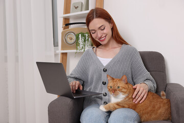 Sticker - Happy woman with cat working in armchair at home