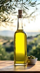 Wall Mural - Olive oil in a glass bottle on a wooden table with olive trees under the morning sun. green olives. raw materials for olive oil. view of the garden with olive trees.