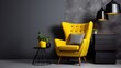 Yellow chair and grey walls in a room, in the style of avant - garde design, dark gray and dark black, bold and vibrant, industrial elements, midcentury modern, luxurious