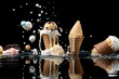 Closeup of ice cream cones falling into water with splashes and bubbles on a black background, promoting rejection of unhealthy food. Generative AI