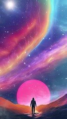 Wall Mural - A trippy space scene with a silhouetted figure standing in front of a animated melting cosmic sky.