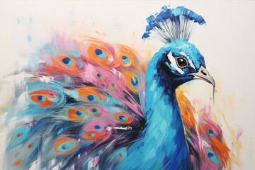 Wall Mural - Adorable pastel illustration: Peacock portrait for kids room, clean design on white backdrop.