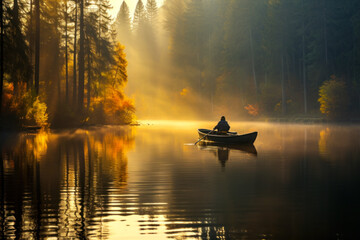 Wall Mural - man on boat  swims in a calm lake at dawn sunlight ai generative