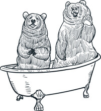 Vintage Hand Drawn Sketch Of Two Bears In Bathtub