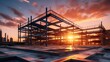 © visoot - Metal structure, Construction site of large building with evening sky sunset background.