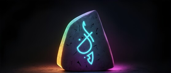 Magical glowing colorful rune stone on plain black background from Generative AI