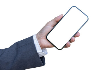 Wall Mural - businessman hand holding smartphone with blank transparent screen and background- png format.