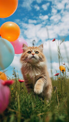 Wall Mural - Playful Whimsy: A Kitten Amidst a Field of Colorful Balloons,cat with balloons,cat playing with balloons