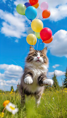 Wall Mural - Playful Whimsy: A Kitten Amidst a Field of Colorful Balloons,cat with balloons,cat playing with balloons