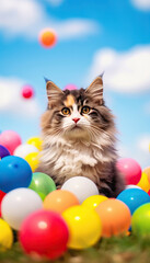 Wall Mural - Playful Whimsy: A Kitten Amidst a Field of Colorful Balloons,cat with balloons,cat playing with balloons