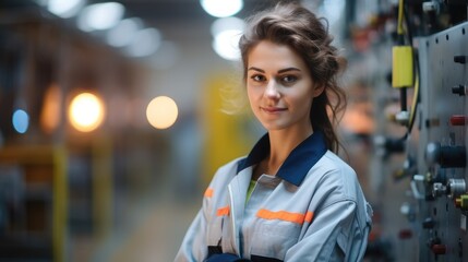 Aufkleber - Female engineer factory overseeing operating machine, Heavy Industry Manufacturing.