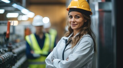 Aufkleber - Female engineer factory overseeing operating machine, Heavy Industry Manufacturing.