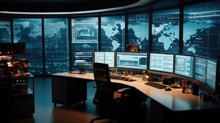 Aufkleber - Empty desks and computers in a control room, Powering the Future, Smart Grid Control Center.
