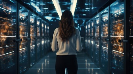 Fototapete - Female Data Center IT Specialist Using Tablet computer Working for Cyber Data Security Company.