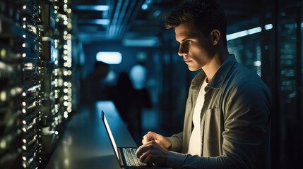 Fototapete - Male programmer working on a tablet in a server room, Checking the network status.