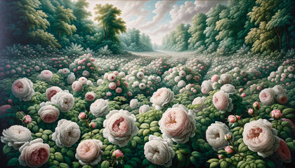 Wall Mural -  Real-life photograph depicting a vast garden filled with damask roses, their petals soft and fragrant, set against a canvas of fresh green leaves