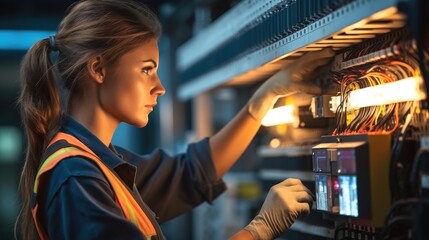 Fototapete - Female electrician testing for voltage in a fuse box.