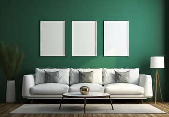 Wall Mural - interior scene with green walls,white sofa and three frame mock up, minimalist backgrounds