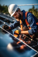Poster - Construction worker installing solar panels.