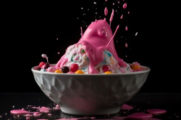 Sticker - A sundae with pink liquid splashing out of it in a large bowl on a black background. Generative AI