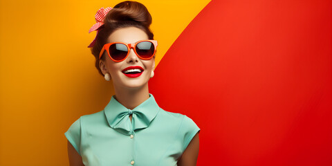 Wall Mural - studio portrait of happy woman, 1950s fashion