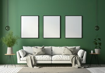 Wall Mural - interior scene with green walls,white sofa and three frame mock up, minimalist backgrounds