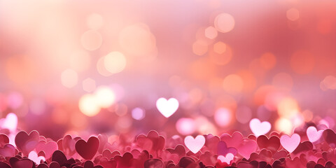 pink white and red wide background with bokeh lights and heart shape glitter on valentines with copy space. Abstract background holiday