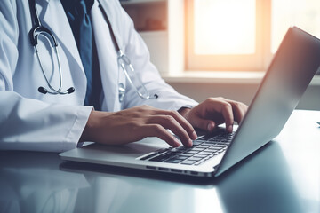 Close up of male doctor working and typing on laptop computer at doctor's office with stethoscope and digital tablet on table, doctor staff online meeting via laptop